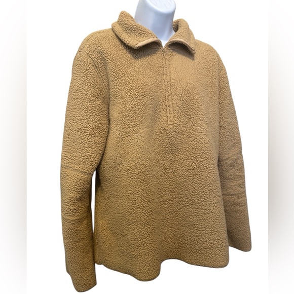 ATHLETA Teddy Bear Fleece Sherpa Sweater Quarter Zip Womens Large Tan Fuzzy Warm - Picture 9 of 9